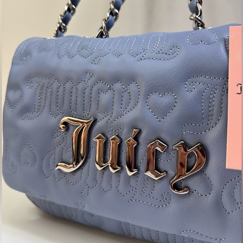 Juicy Couture YK2 Say My Name Flap Quilted Hearts Crossbody Bag Slate Blue - Picture 4 of 12